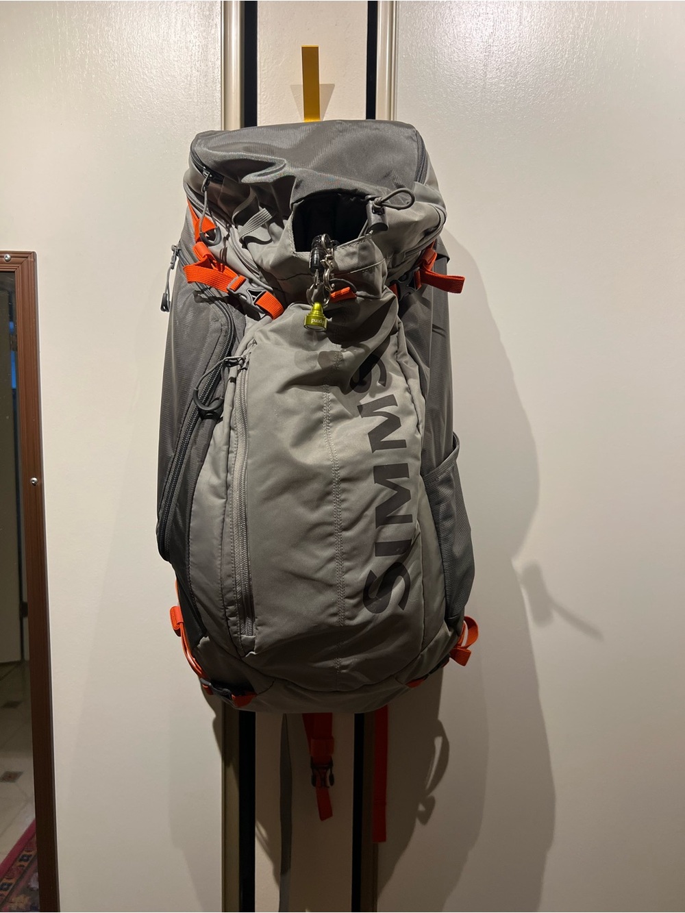 Simms Gray fishing hiking Backpack with Orange Accents - Men's Outdoor Pack
